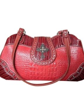 Vintage Y2K Red Embossed Crocodile Cross Accent Satchel Bag - Genuine Leather